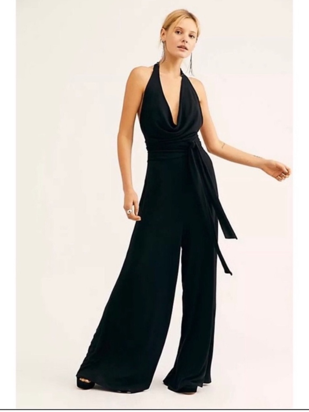 Free People Black Halter-Wrap Wide Leg Jumpsuit